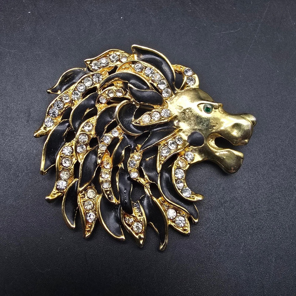 Lion Head Brooch Gold Tone Rhinestone Black Enamel Vintage 1980s Animal Jewelry
